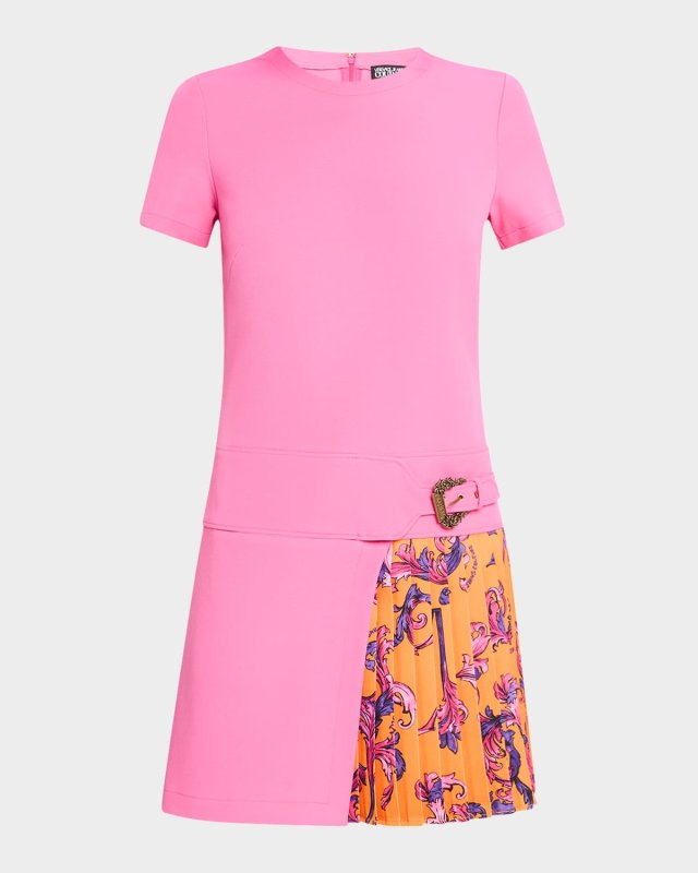 Short-Sleeve Pleated Barocco Mini Dress